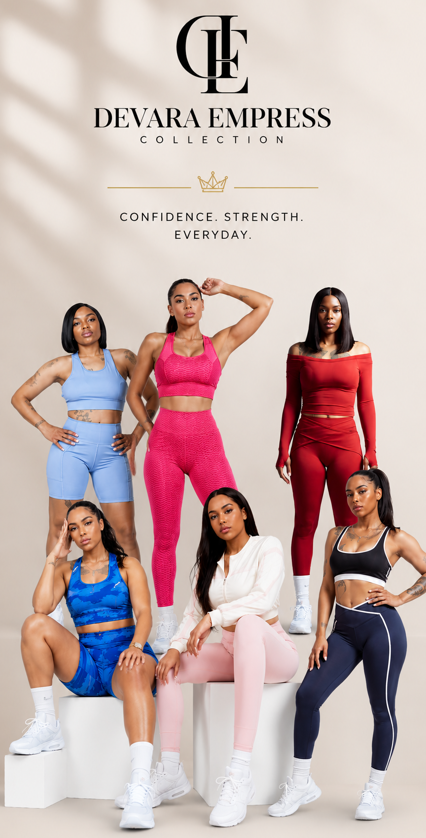 Six women modeling athletic sets from the Devara Empress Collection, featuring various colors like pink, blue, red, and white, set against a warm beige background with the brand logo at the top.